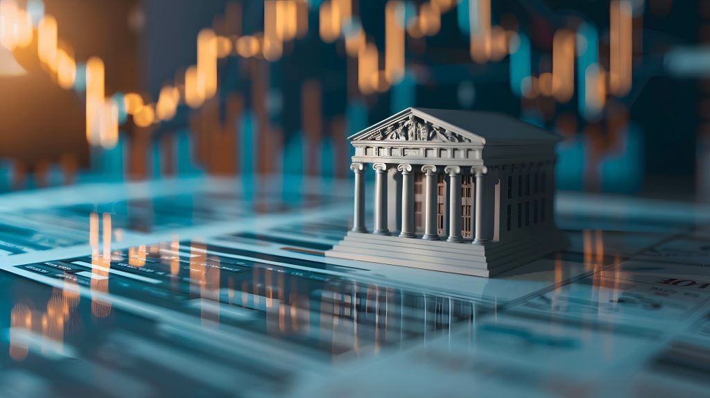 Modelo em miniatura de um templo em cima de gráficos financeiros, representando BRM (bank relationship management).